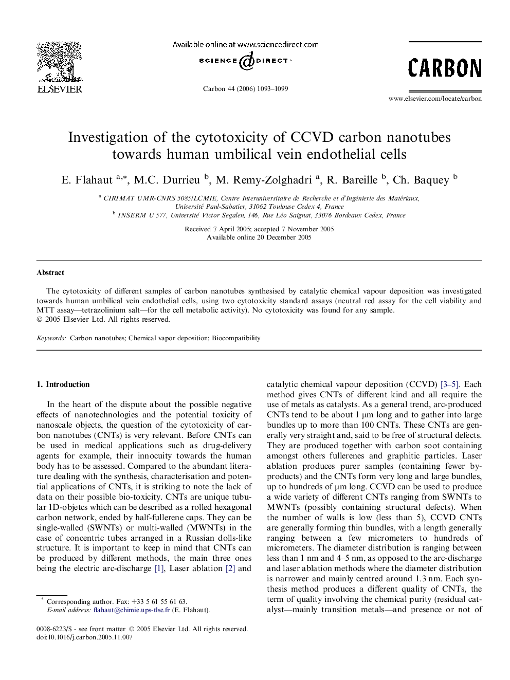 Investigation of the cytotoxicity of CCVD carbon nanotubes towards human umbilical vein endothelial cells