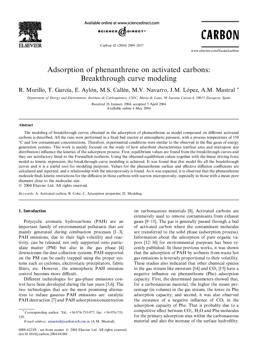 Adsorption of phenanthrene on activated carbons: Breakthrough curve modeling