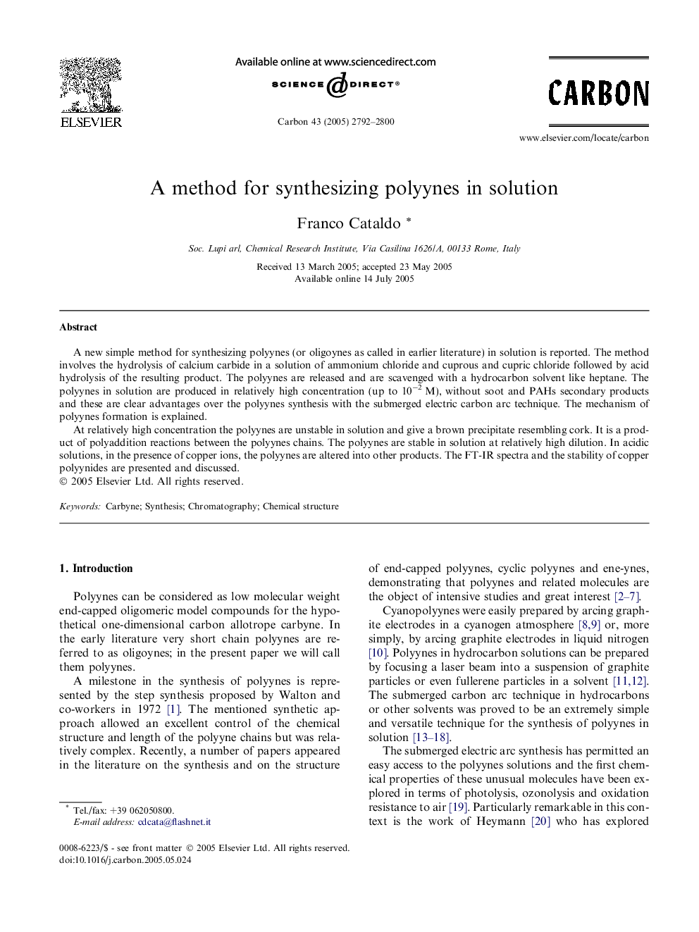 A method for synthesizing polyynes in solution