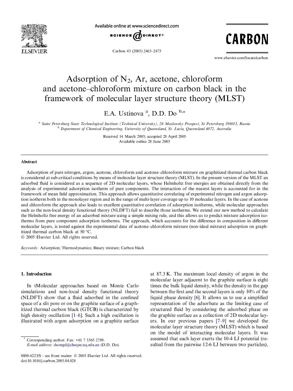 Adsorption of N2, Ar, acetone, chloroform and acetone–chloroform mixture on carbon black in the framework of molecular layer structure theory (MLST)