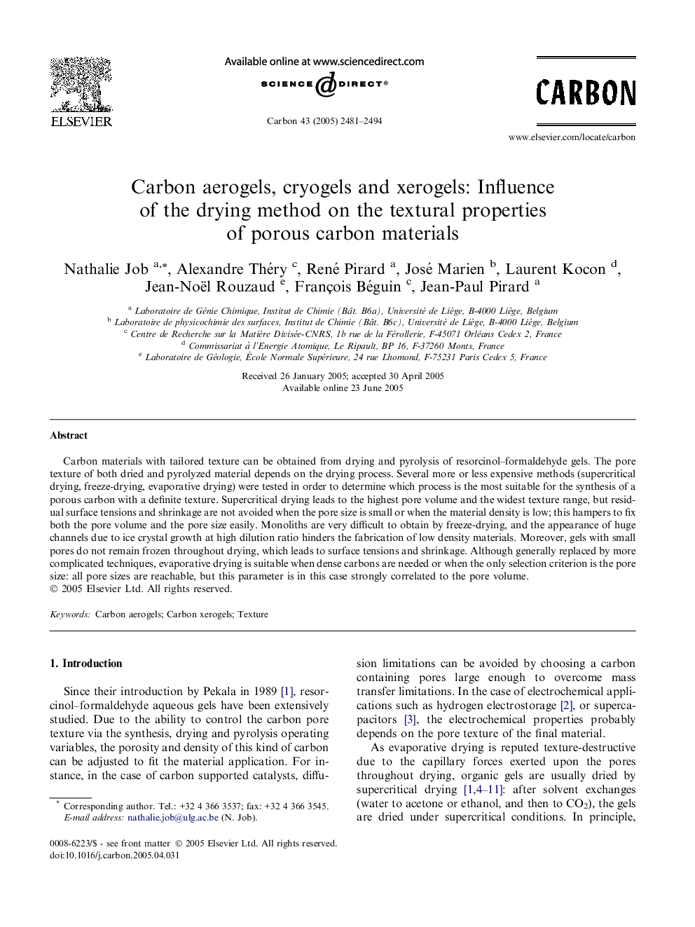 Carbon aerogels, cryogels and xerogels: Influence of the drying method on the textural properties of porous carbon materials