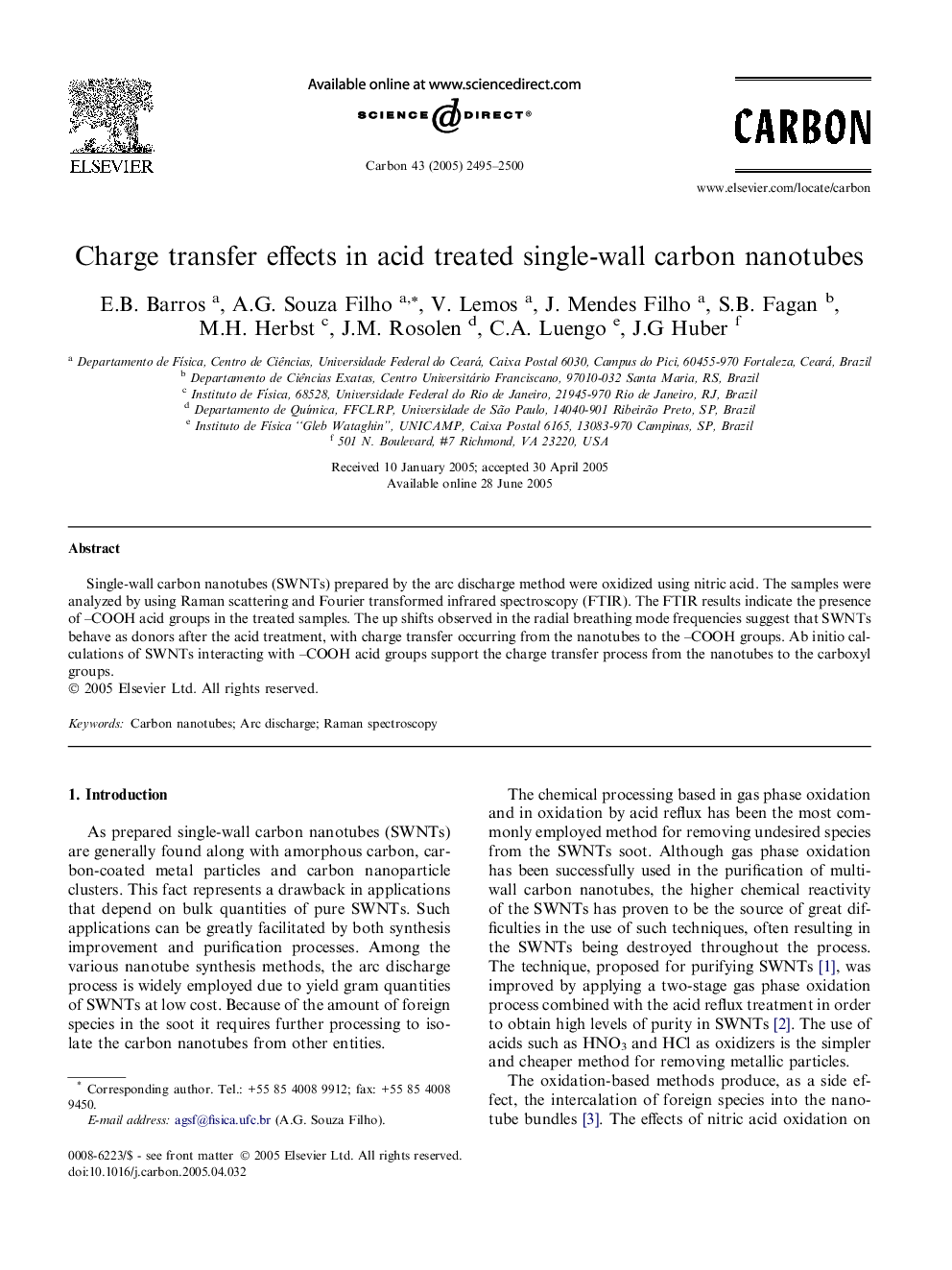 Charge transfer effects in acid treated single-wall carbon nanotubes