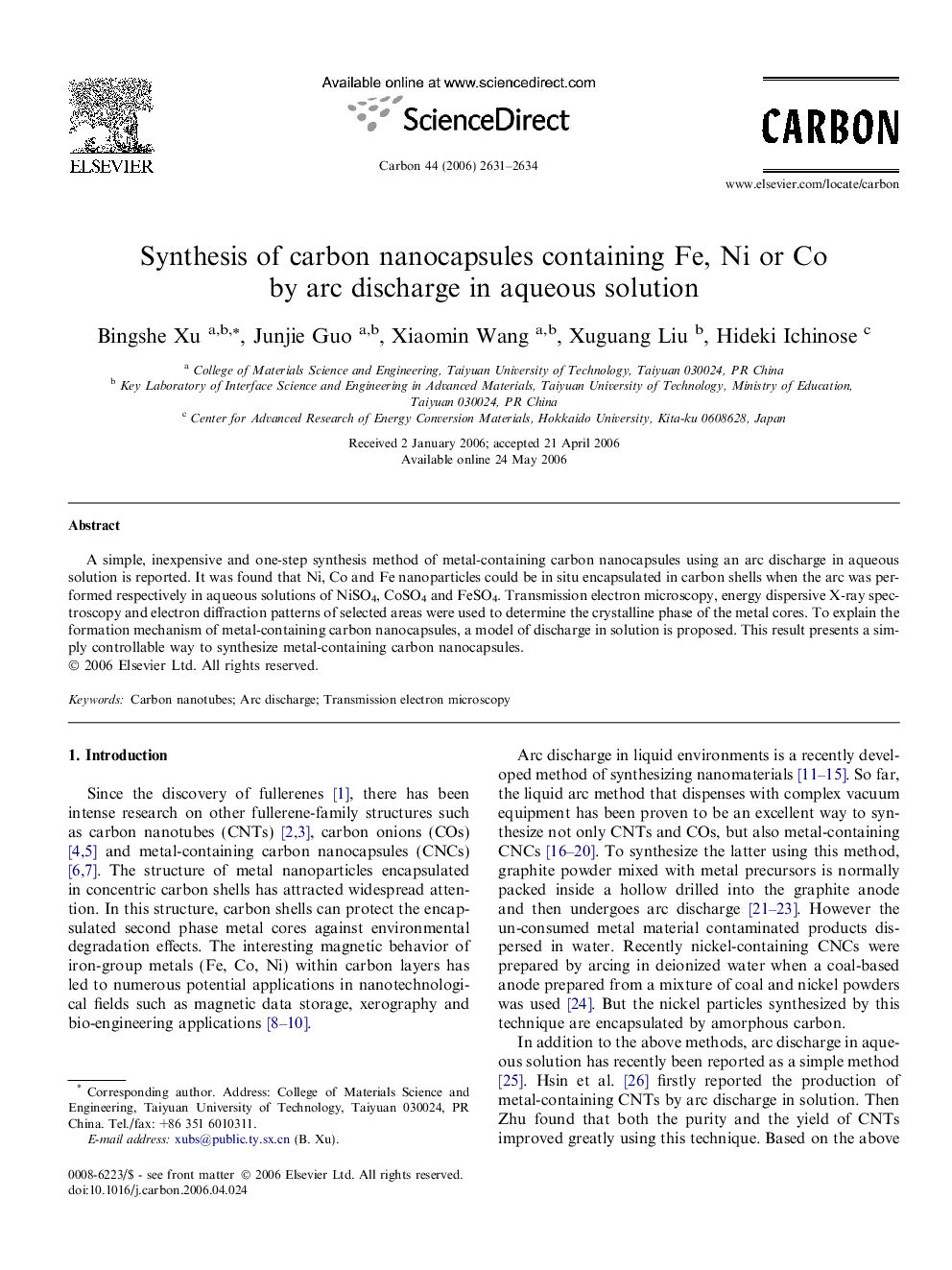 Synthesis of carbon nanocapsules containing Fe, Ni or Co by arc discharge in aqueous solution