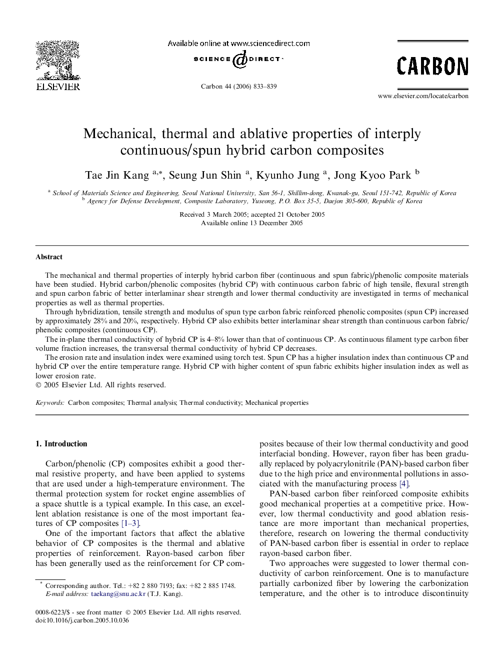 Mechanical, thermal and ablative properties of interply continuous/spun hybrid carbon composites