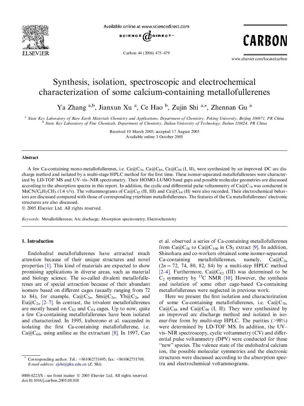 Synthesis, isolation, spectroscopic and electrochemical characterization of some calcium-containing metallofullerenes