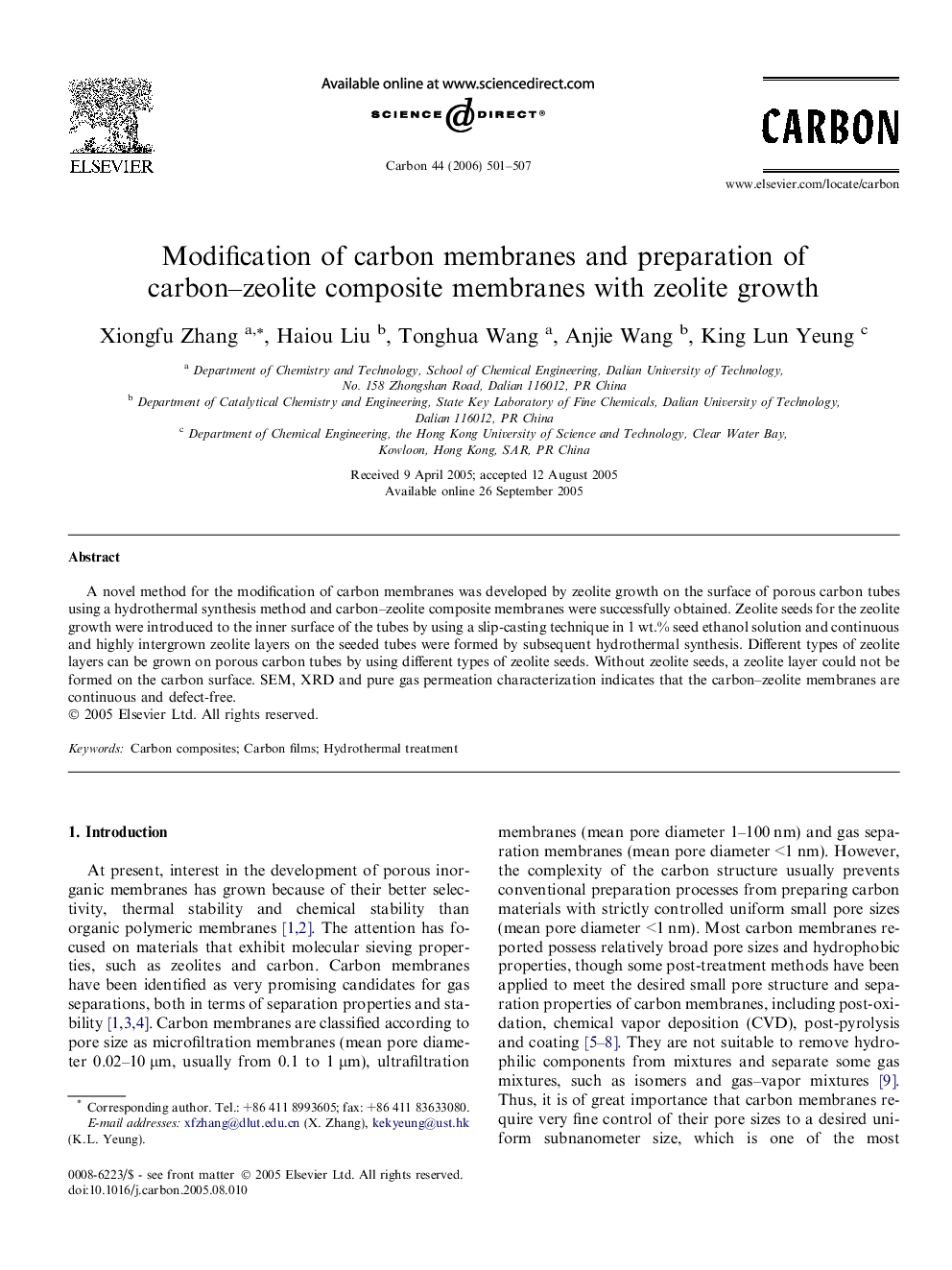 Modification of carbon membranes and preparation of carbon-zeolite composite membranes with zeolite growth