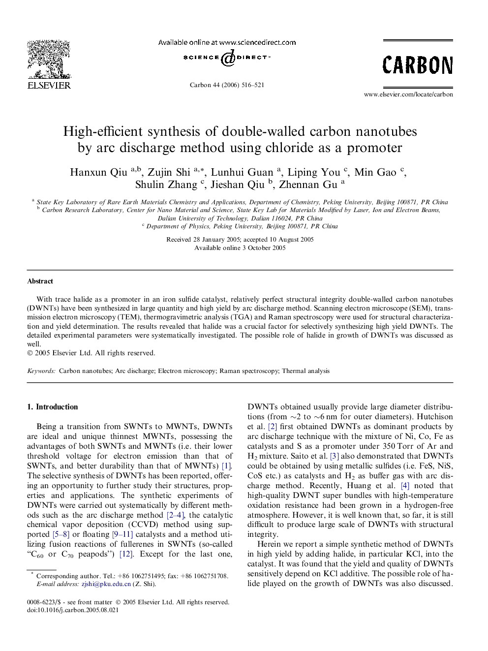 High-efficient synthesis of double-walled carbon nanotubes by arc discharge method using chloride as a promoter