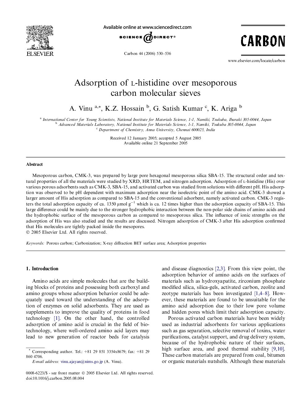 Adsorption of l-histidine over mesoporous carbon molecular sieves