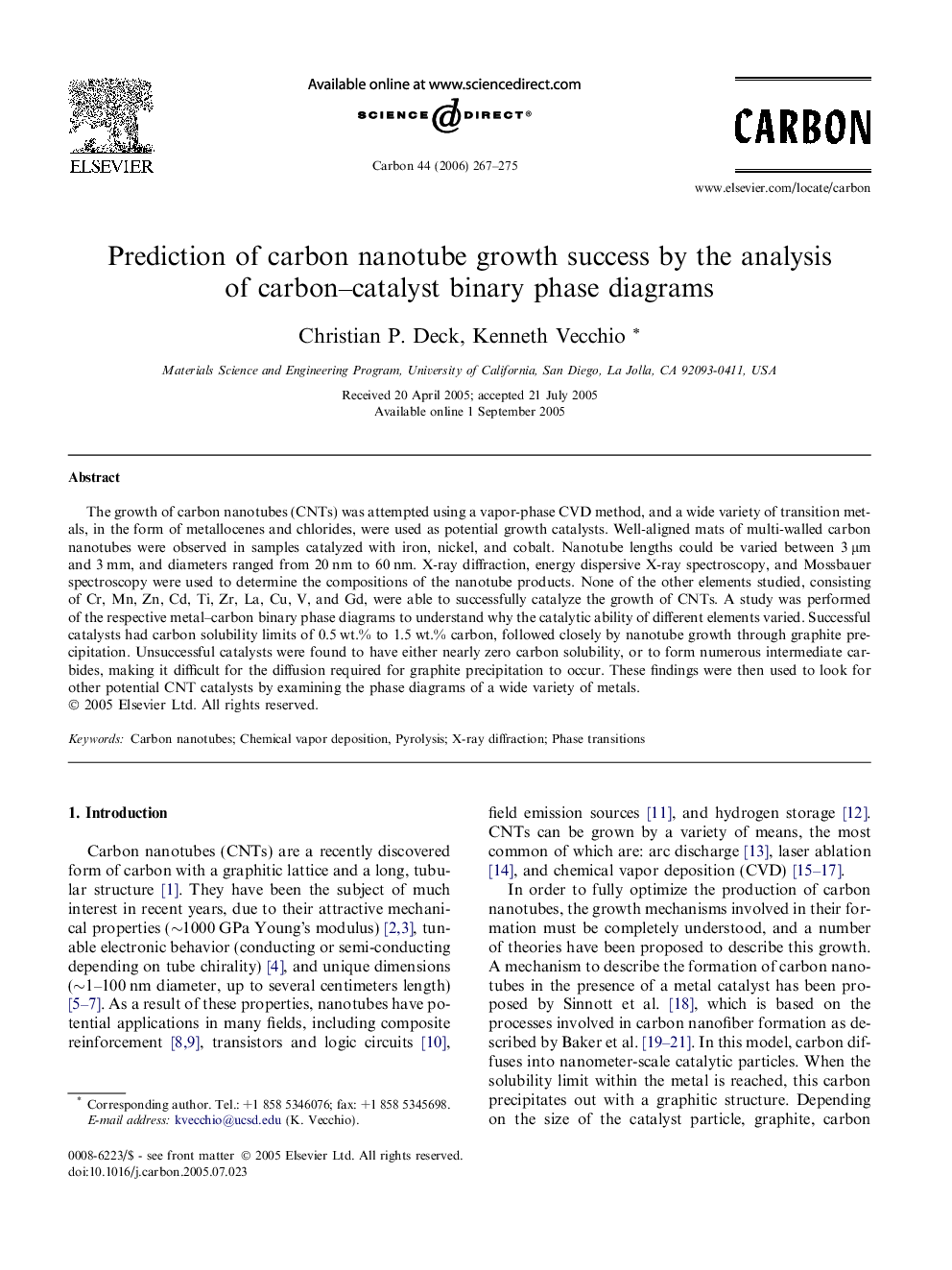 عکس صفحه اول مقاله: Prediction of carbon nanotube growth success by the analysis of carbon–catalyst binary phase diagrams Prediction of carbon nanotube growth success by the analysis of carbon–catalyst binary phase diagrams