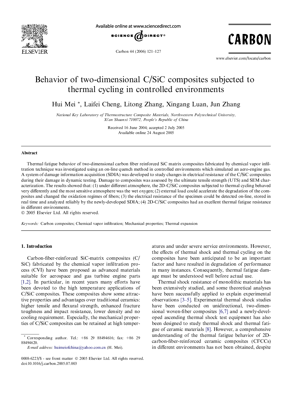 Behavior of two-dimensional C/SiC composites subjected to thermal cycling in controlled environments