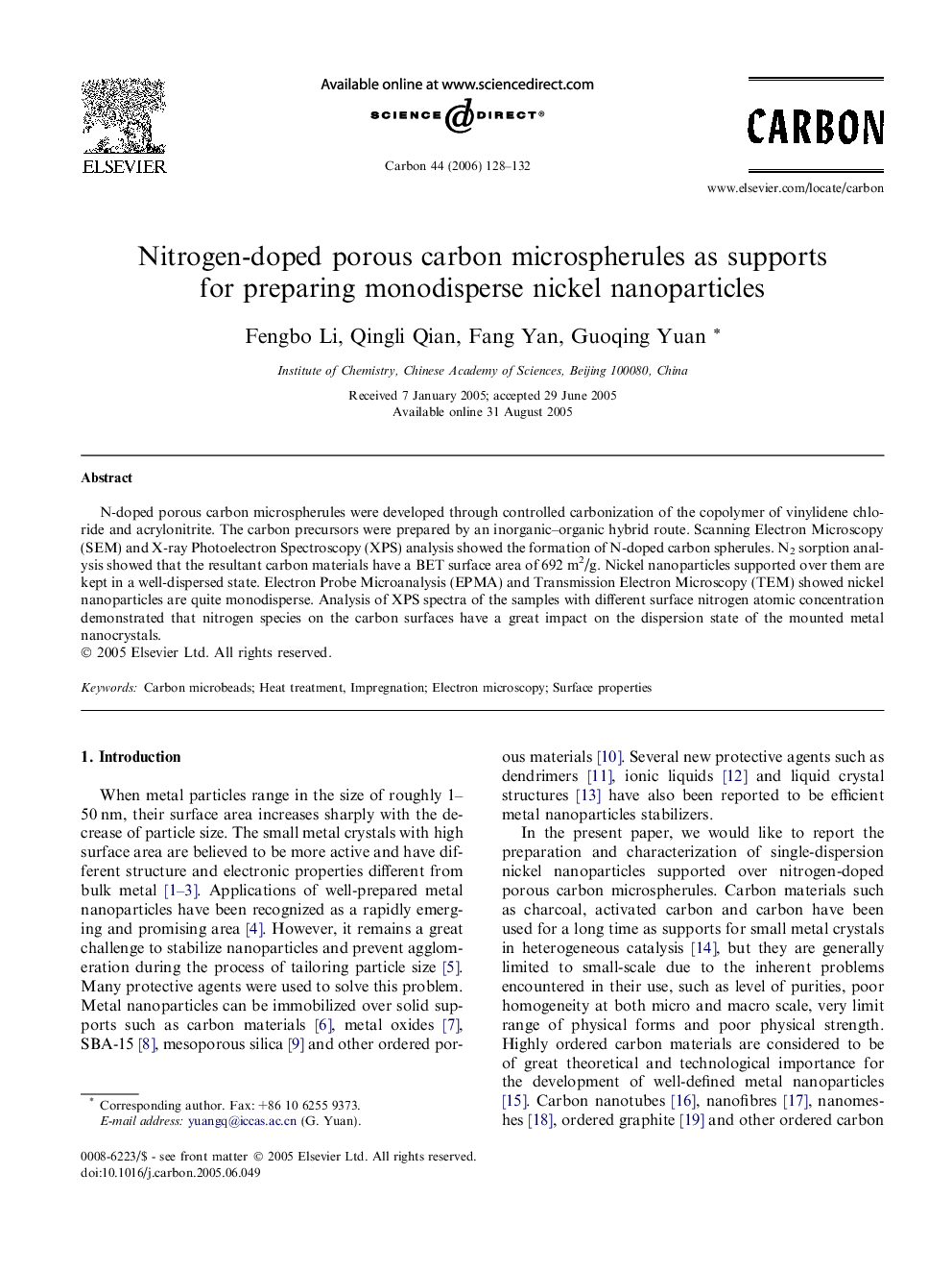 عکس صفحه اول مقاله: Nitrogen-doped porous carbon microspherules as supports for preparing monodisperse nickel nanoparticles Nitrogen-doped porous carbon microspherules as supports for preparing monodisperse nickel nanoparticles
