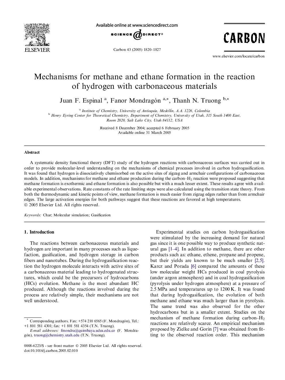 Mechanisms for methane and ethane formation in the reaction of hydrogen with carbonaceous materials