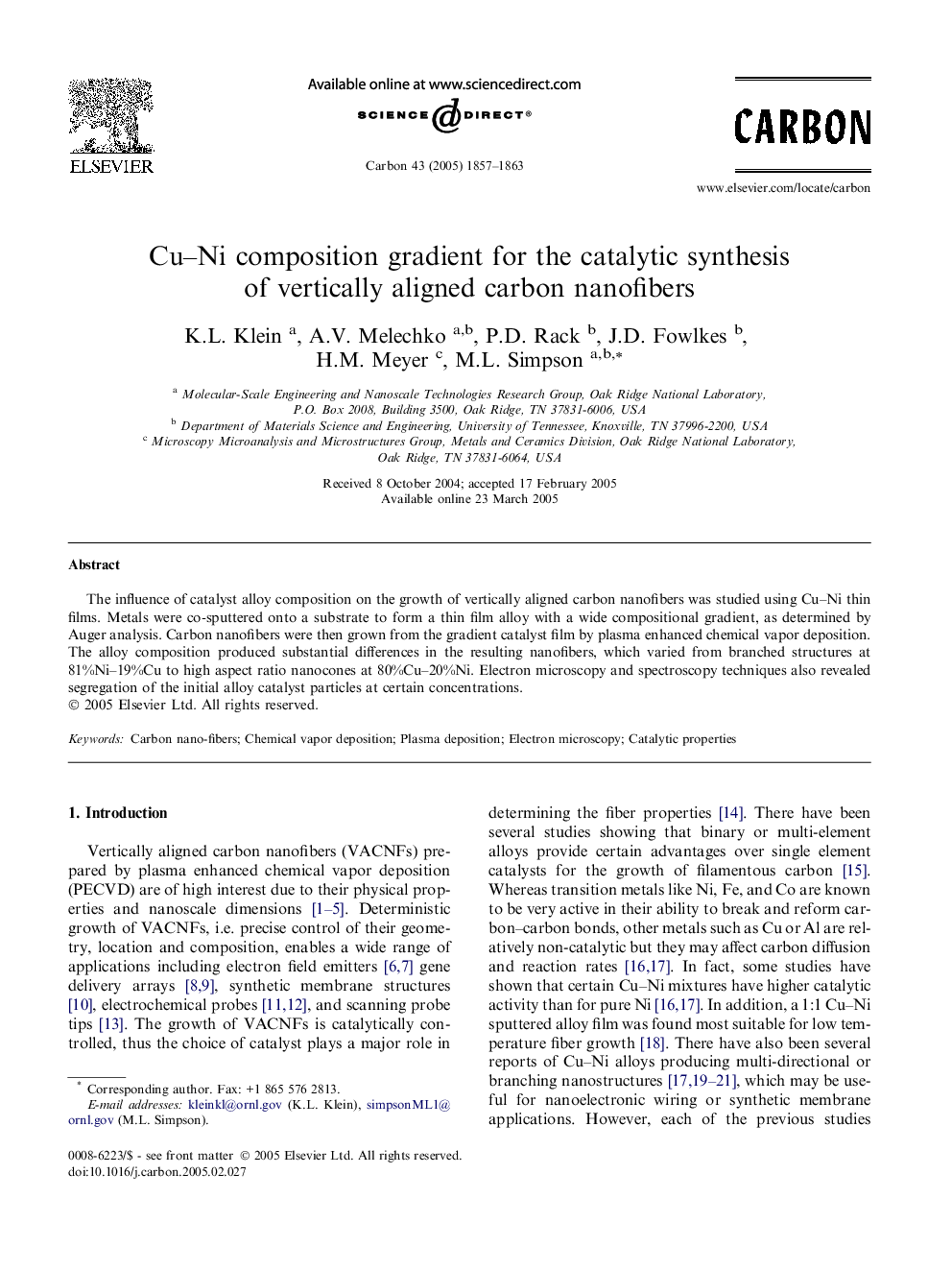 Cu–Ni composition gradient for the catalytic synthesis of vertically aligned carbon nanofibers