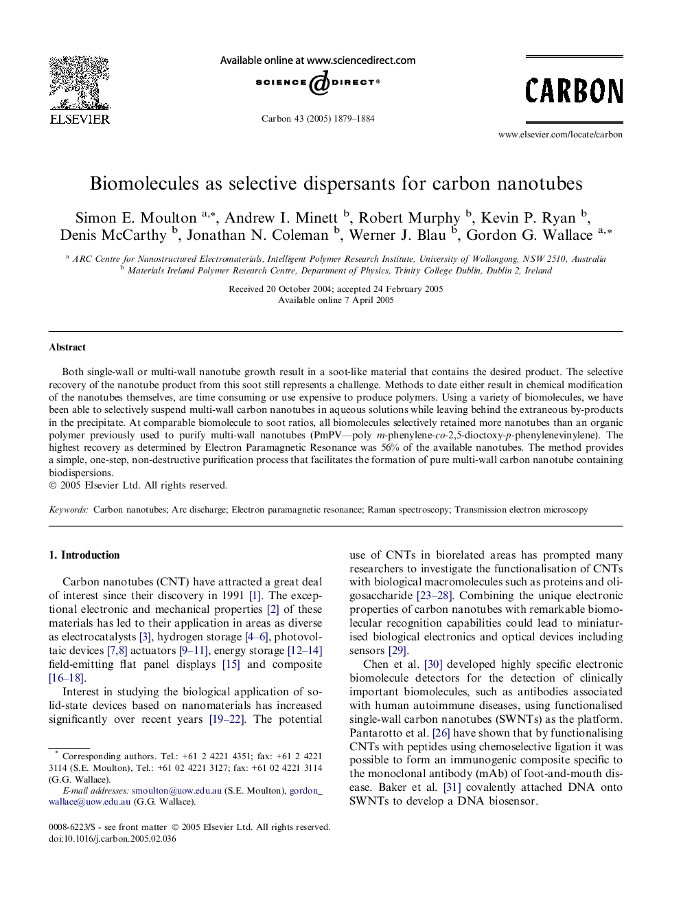 Biomolecules as selective dispersants for carbon nanotubes