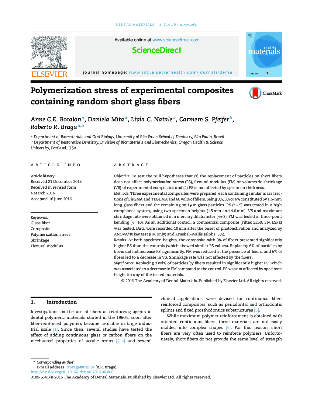 Polymerization stress of experimental composites containing random short glass fibers