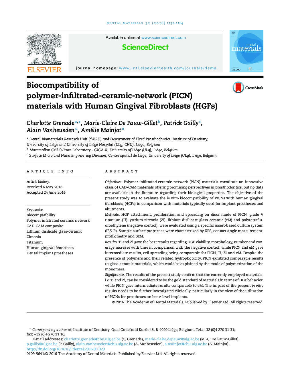 Biocompatibility of polymer-infiltrated-ceramic-network (PICN) materials with Human Gingival Fibroblasts (HGFs)