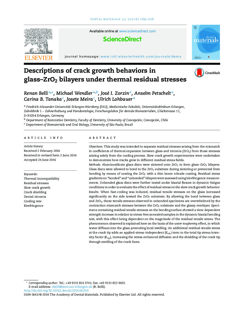 Descriptions of crack growth behaviors in glass–ZrO2 bilayers under thermal residual stresses