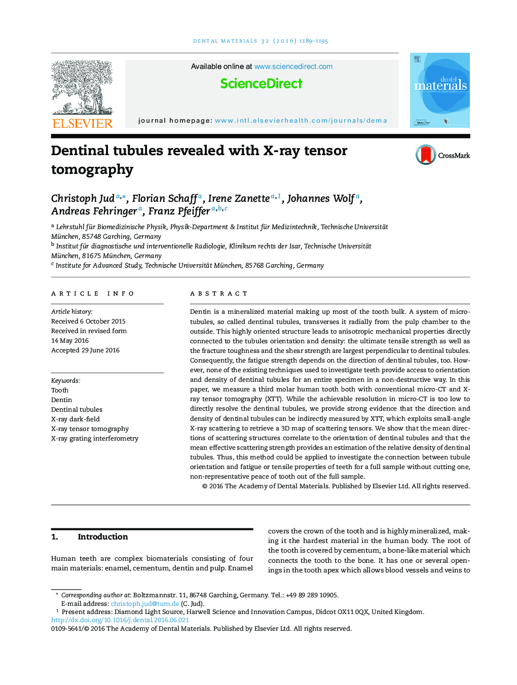 Dentinal tubules revealed with X-ray tensor tomography