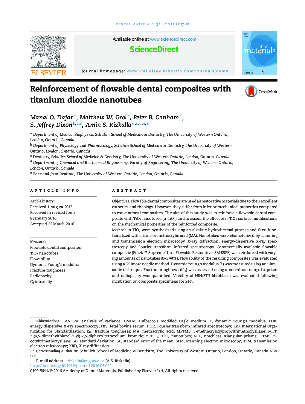 Reinforcement of flowable dental composites with titanium dioxide nanotubes