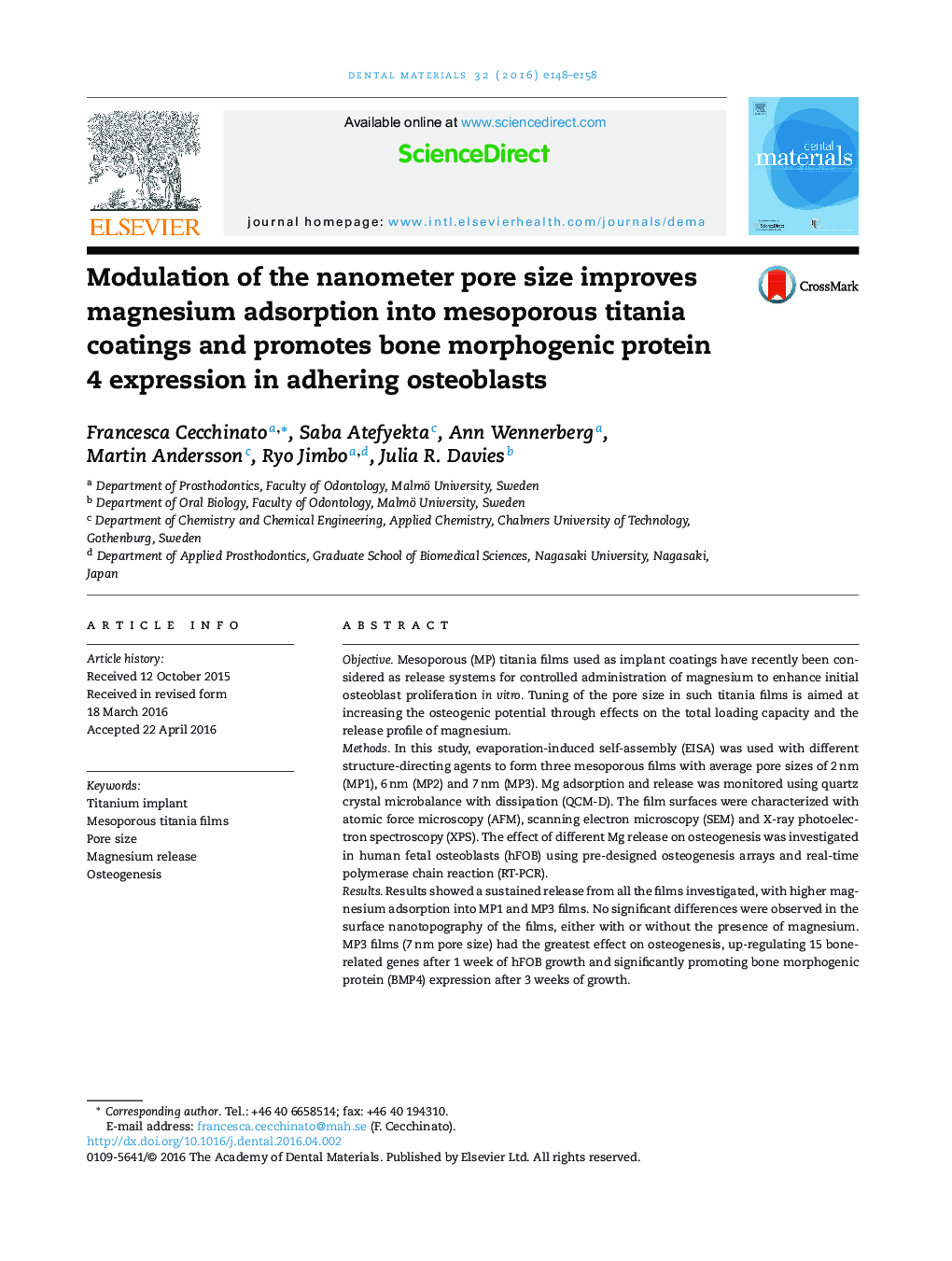 Modulation of the nanometer pore size improves magnesium adsorption into mesoporous titania coatings and promotes bone morphogenic protein 4 expression in adhering osteoblasts