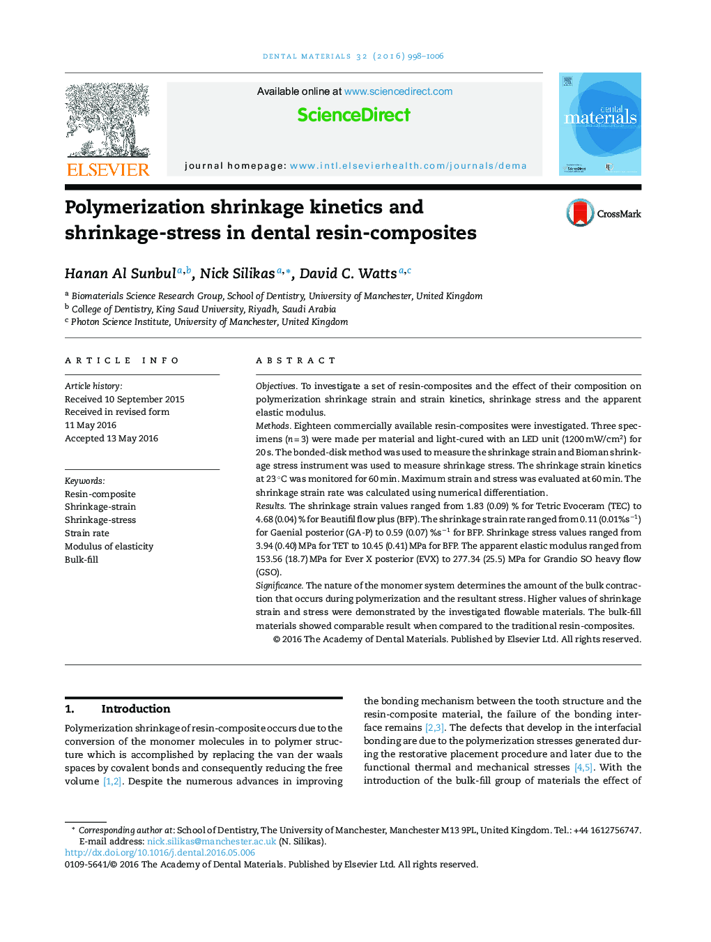 Polymerization shrinkage kinetics and shrinkage-stress in dental resin-composites