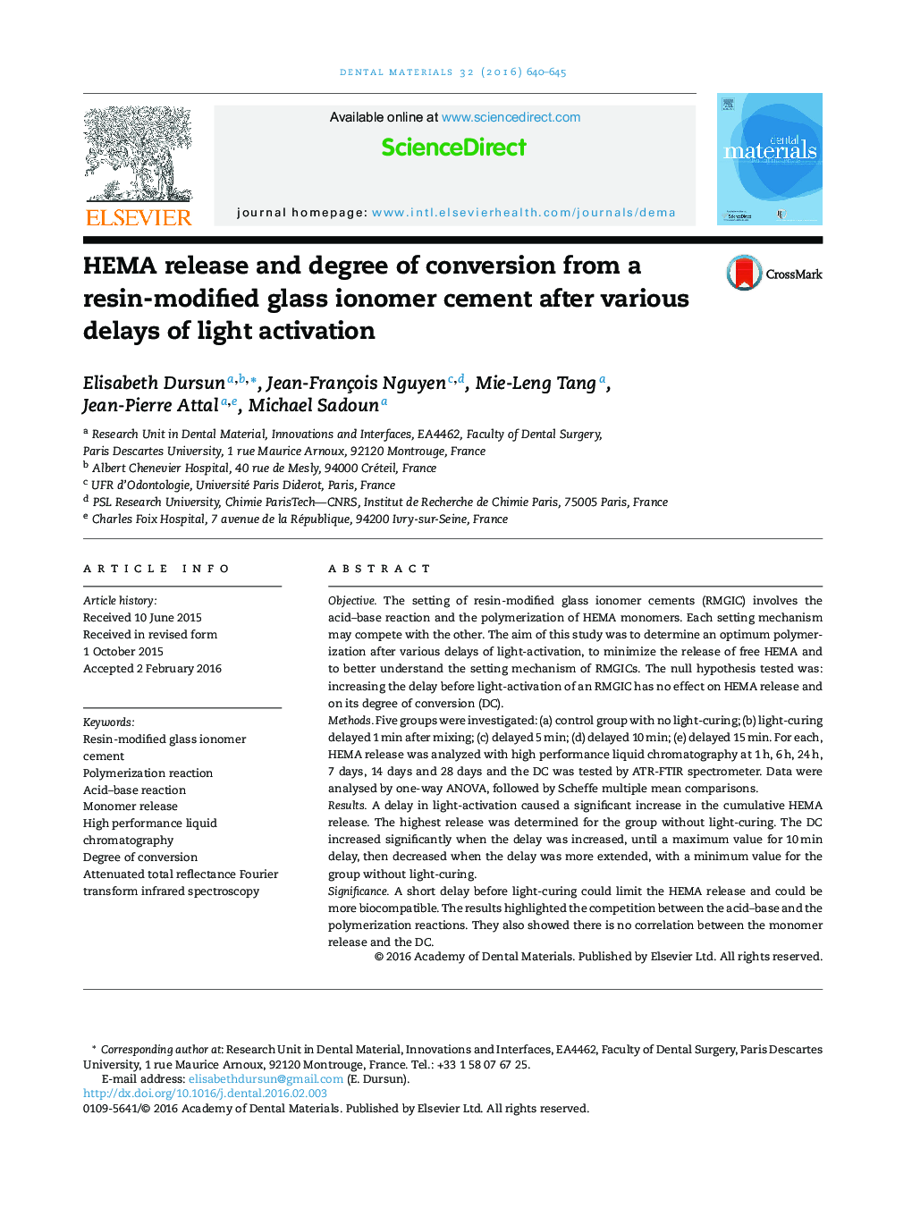 HEMA release and degree of conversion from a resin-modified glass ionomer cement after various delays of light activation