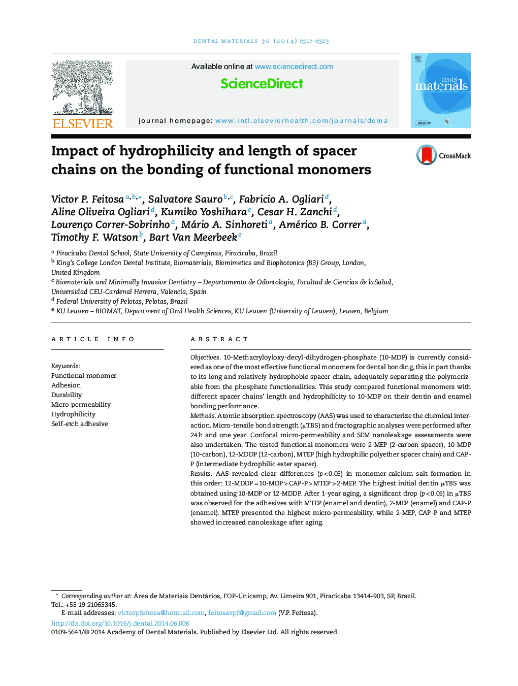 Impact of hydrophilicity and length of spacer chains on the bonding of functional monomers