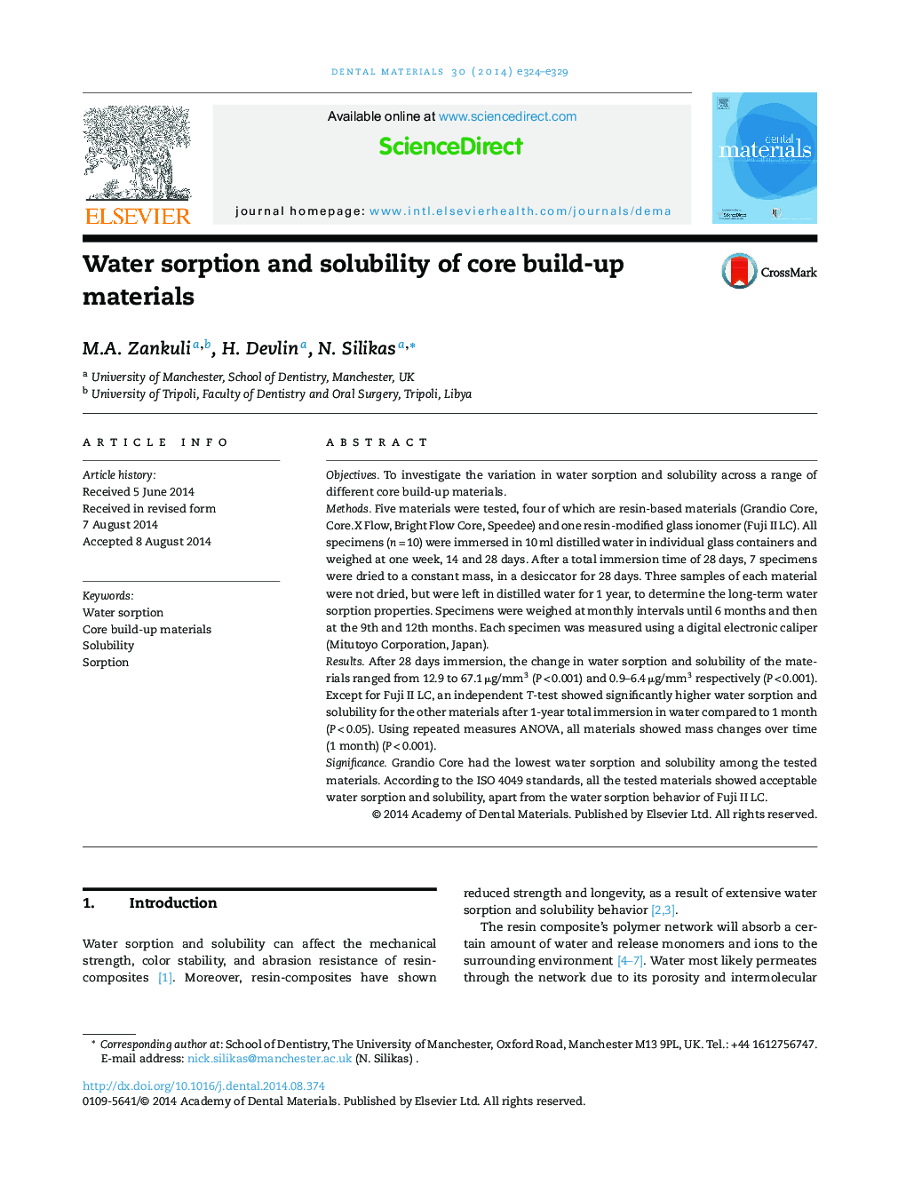 Water sorption and solubility of core build-up materials