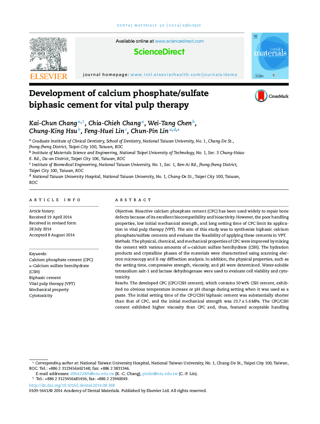 Development of calcium phosphate/sulfate biphasic cement for vital pulp therapy