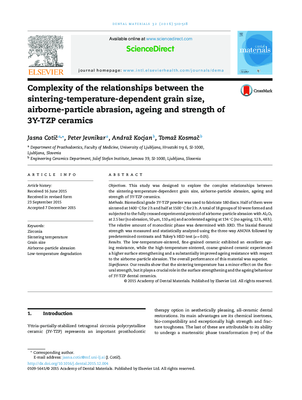 Complexity of the relationships between the sintering-temperature-dependent grain size, airborne-particle abrasion, ageing and strength of 3Y-TZP ceramics