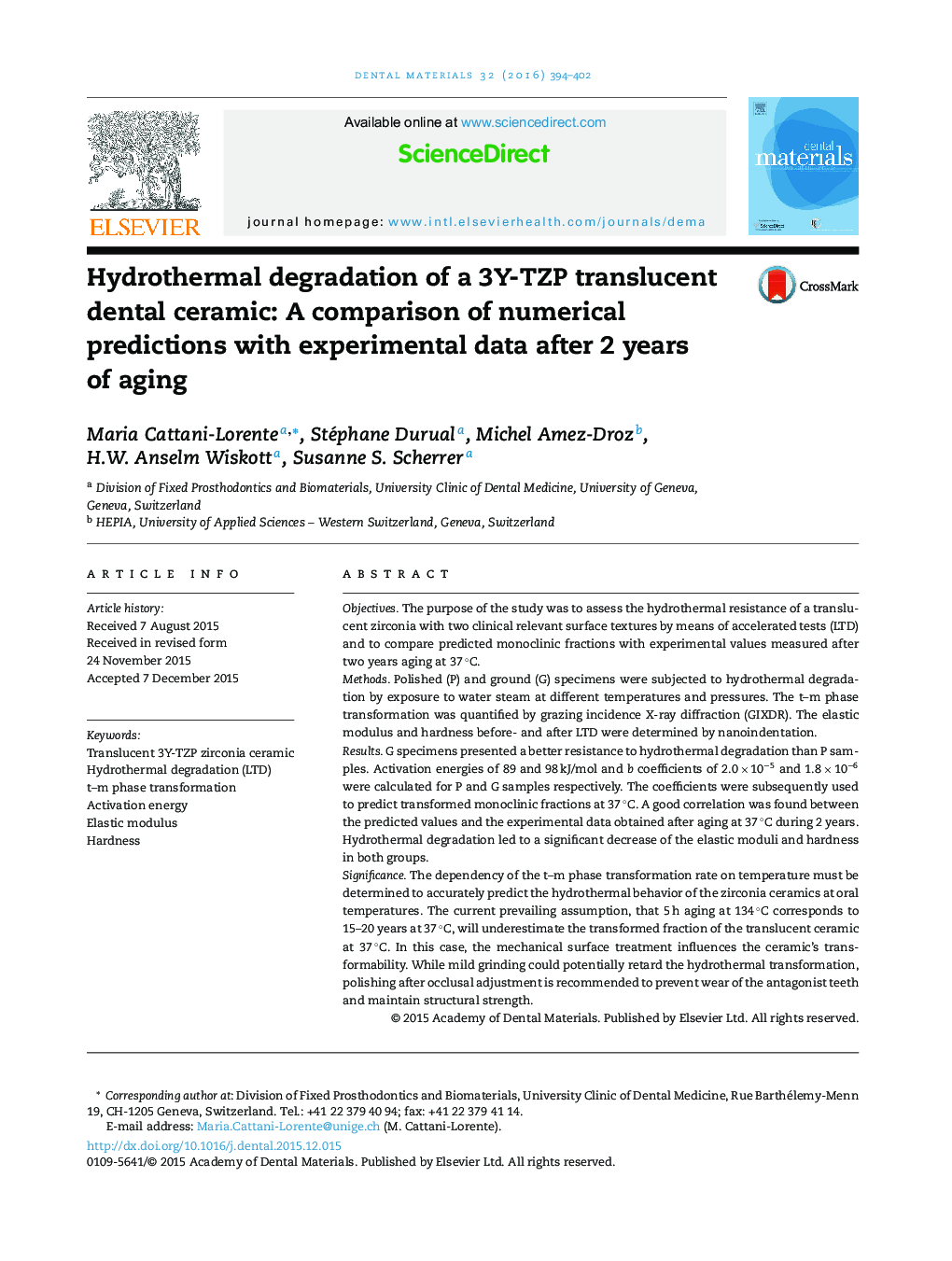 Hydrothermal degradation of a 3Y-TZP translucent dental ceramic: A comparison of numerical predictions with experimental data after 2 years of aging