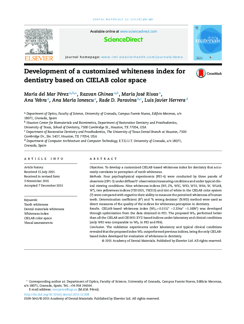 Development of a customized whiteness index for dentistry based on CIELAB color space