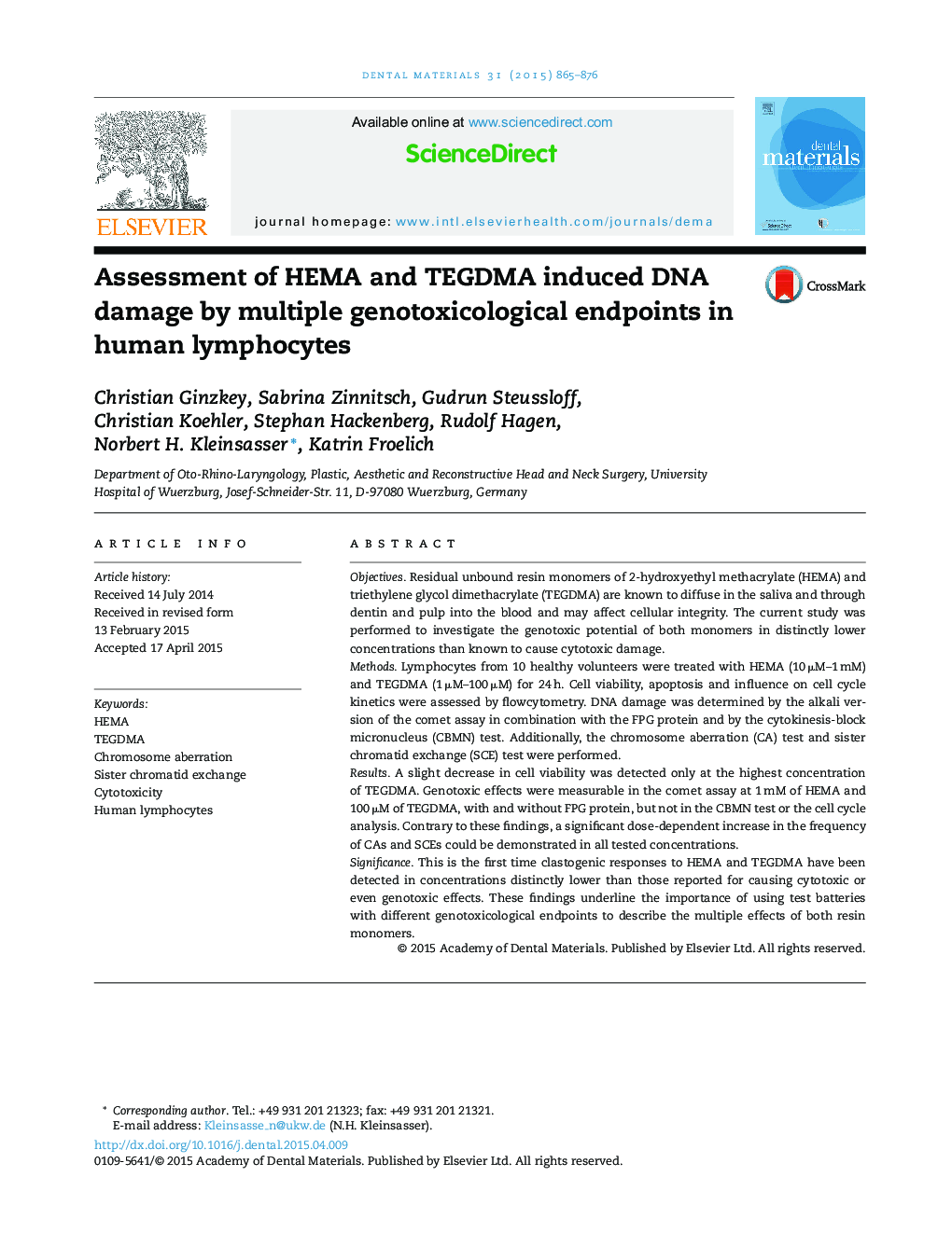 Assessment of HEMA and TEGDMA induced DNA damage by multiple genotoxicological endpoints in human lymphocytes