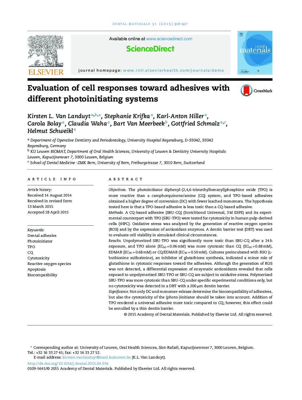 Evaluation of cell responses toward adhesives with different photoinitiating systems