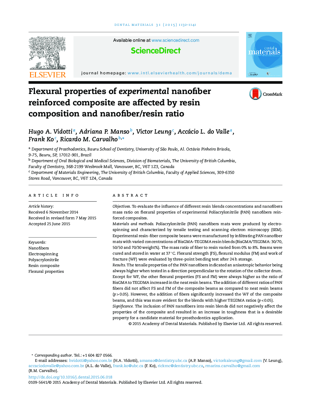 Flexural properties of experimental nanofiber reinforced composite are affected by resin composition and nanofiber/resin ratio