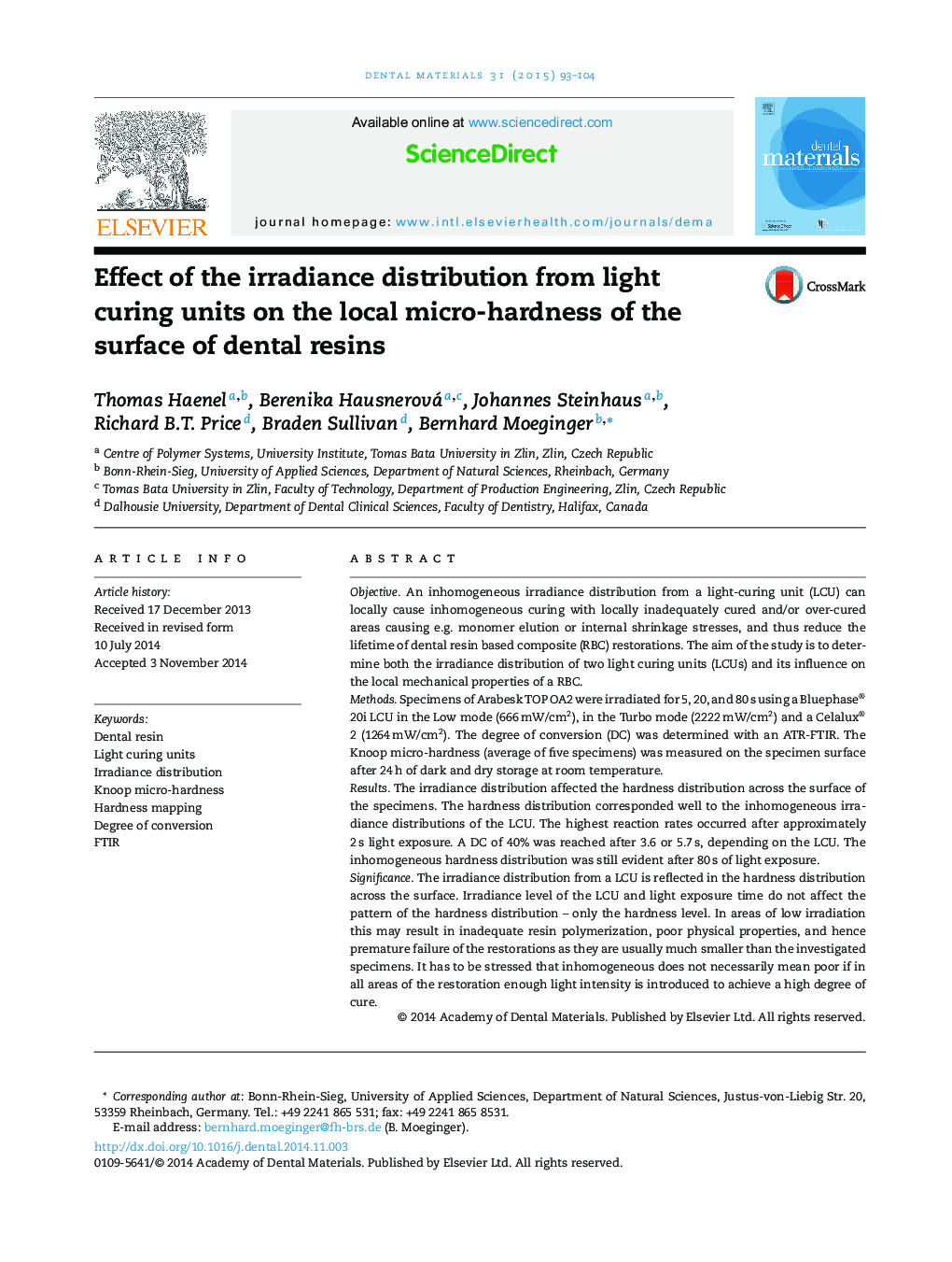 Effect of the irradiance distribution from light curing units on the local micro-hardness of the surface of dental resins