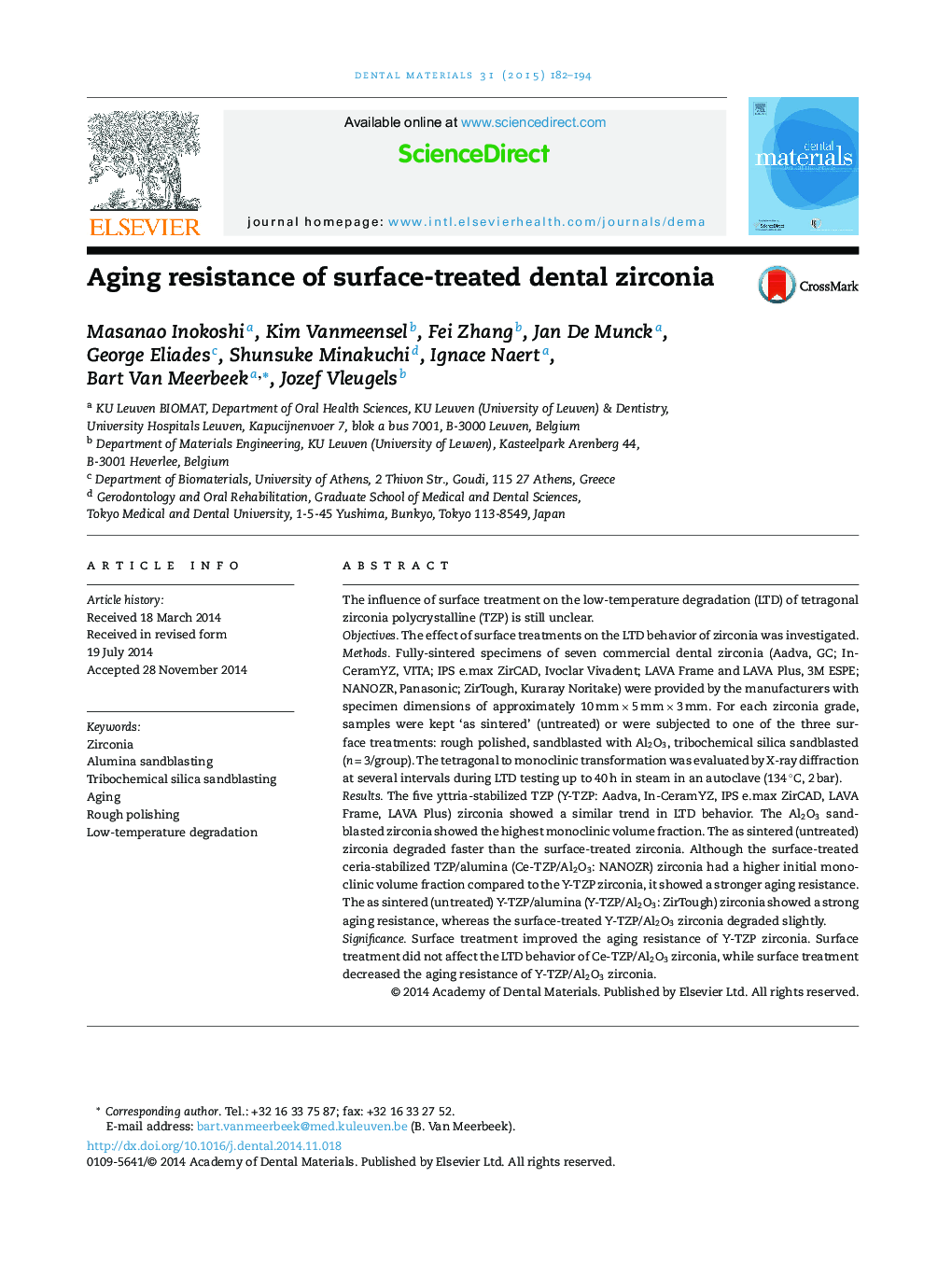 Aging resistance of surface-treated dental zirconia