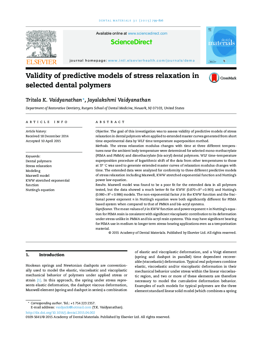 Validity of predictive models of stress relaxation in selected dental polymers
