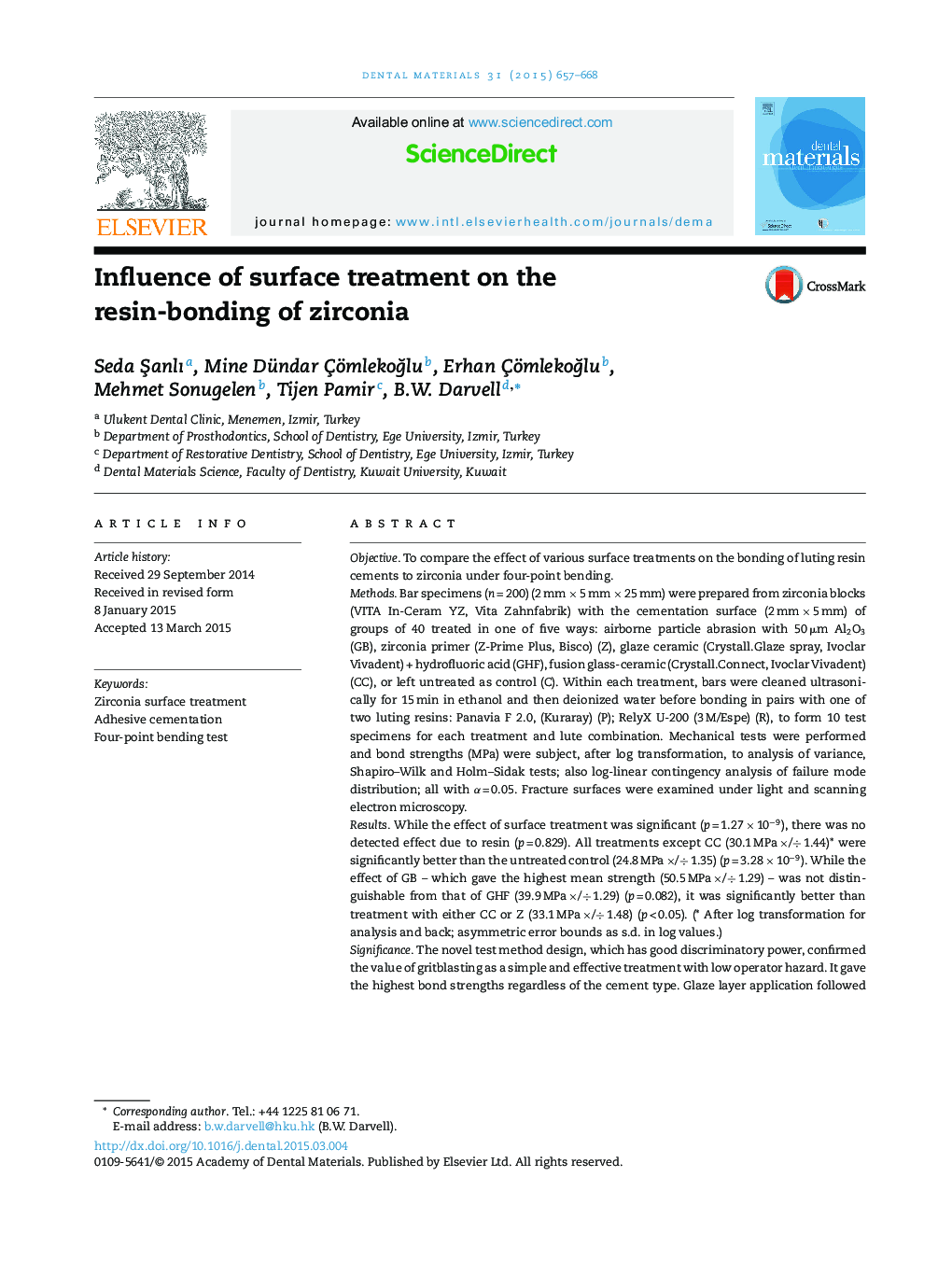 Influence of surface treatment on the resin-bonding of zirconia
