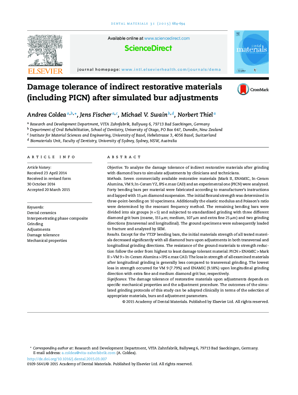 Damage tolerance of indirect restorative materials (including PICN) after simulated bur adjustments