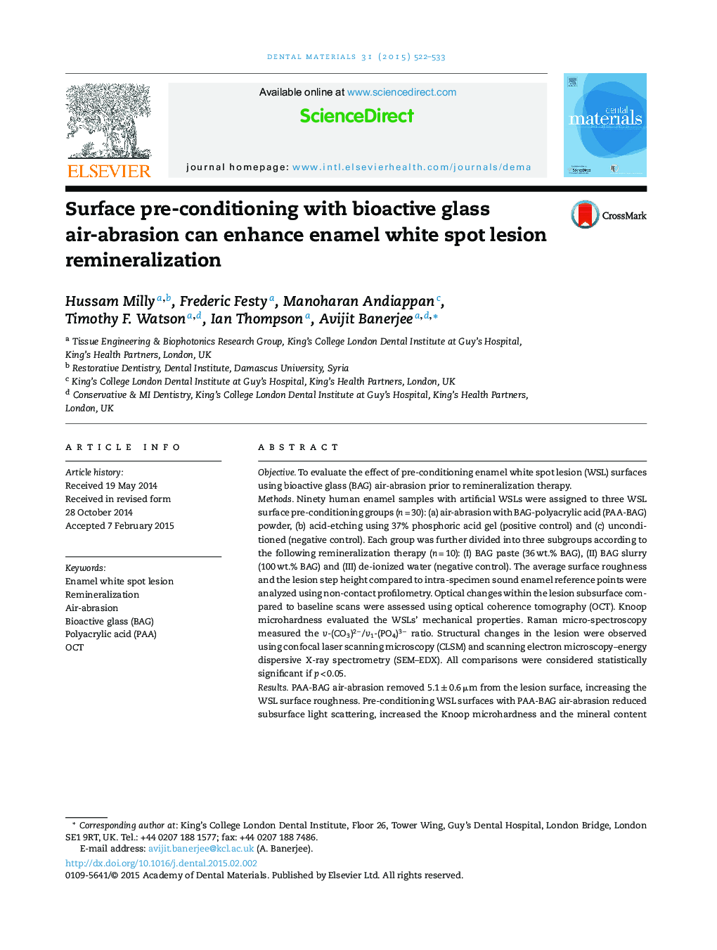 Surface pre-conditioning with bioactive glass air-abrasion can enhance enamel white spot lesion remineralization