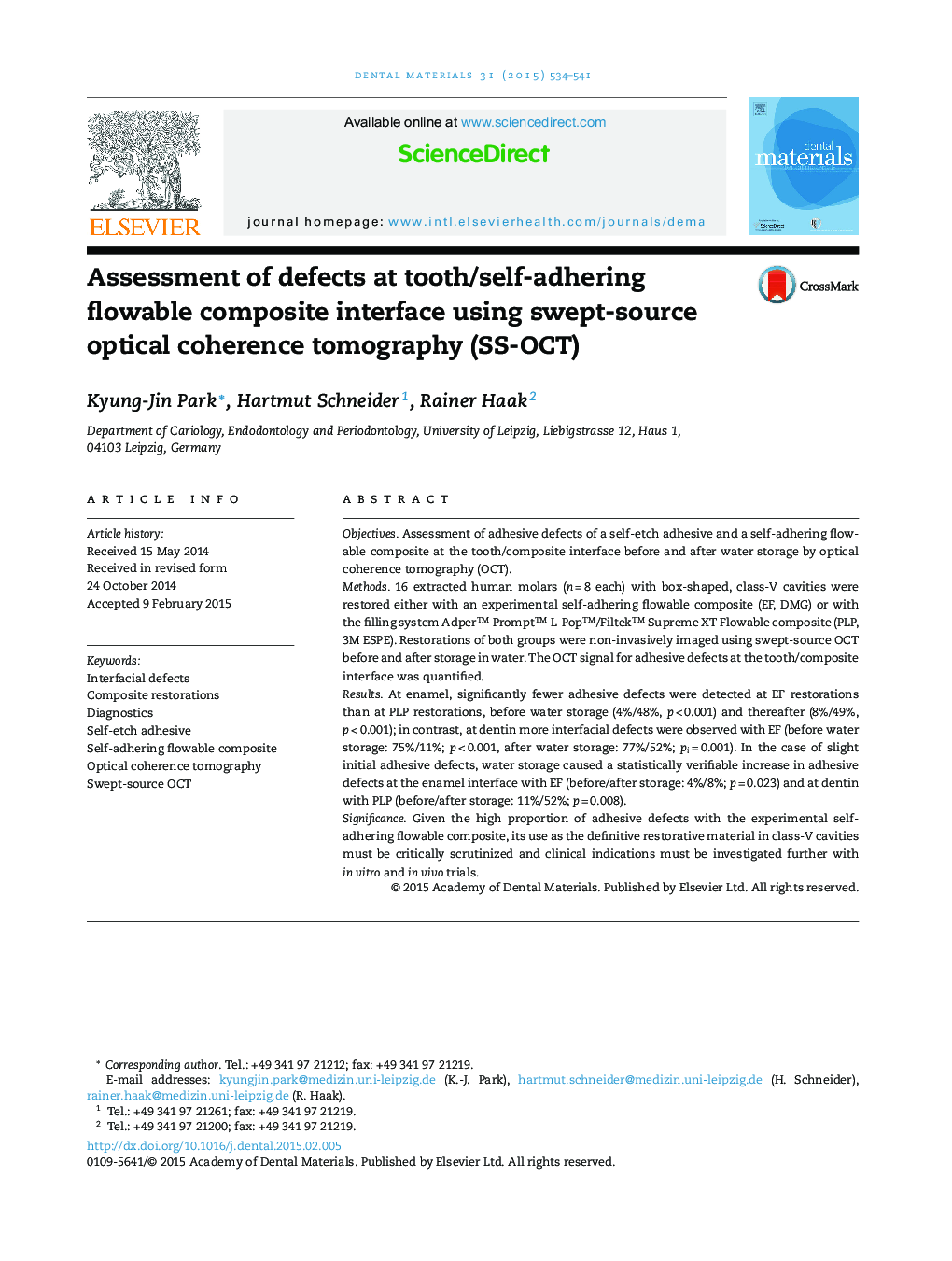 Assessment of defects at tooth/self-adhering flowable composite interface using swept-source optical coherence tomography (SS-OCT)