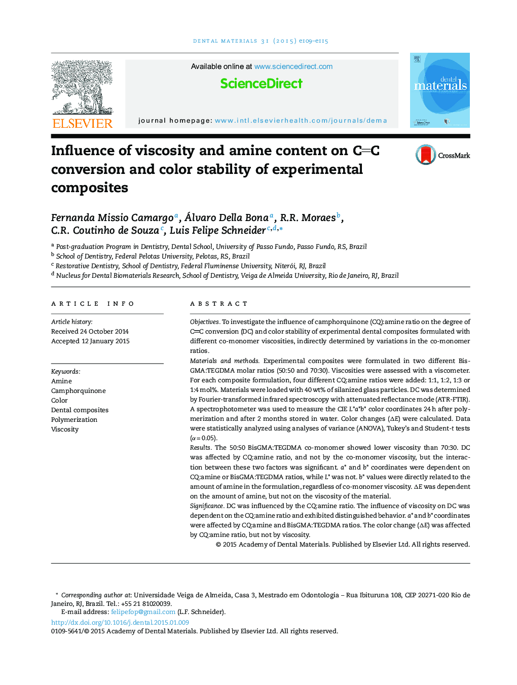 Influence of viscosity and amine content on CC conversion and color stability of experimental composites