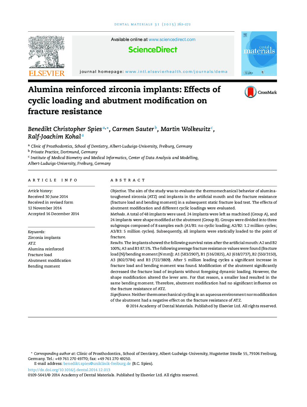 Alumina reinforced zirconia implants: Effects of cyclic loading and abutment modification on fracture resistance
