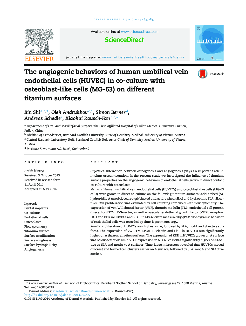 The angiogenic behaviors of human umbilical vein endothelial cells (HUVEC) in co-culture with osteoblast-like cells (MG-63) on different titanium surfaces