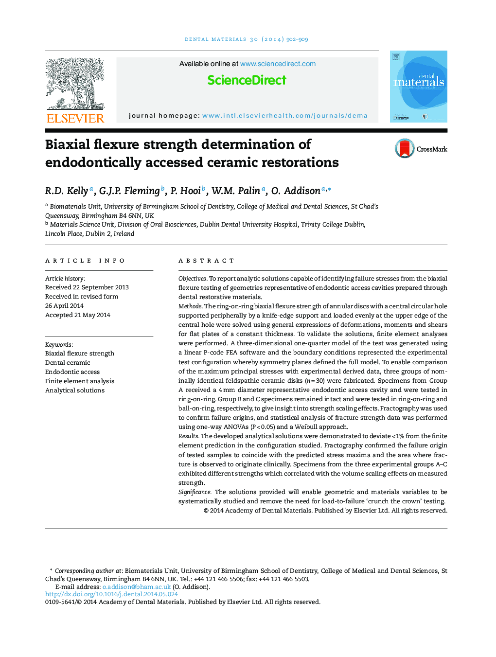 Biaxial flexure strength determination of endodontically accessed ceramic restorations