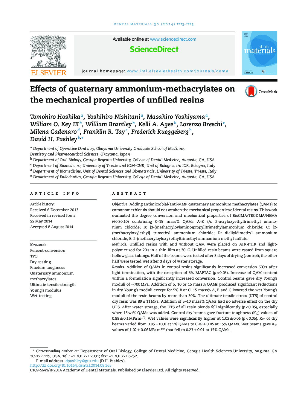 Effects of quaternary ammonium-methacrylates on the mechanical properties of unfilled resins