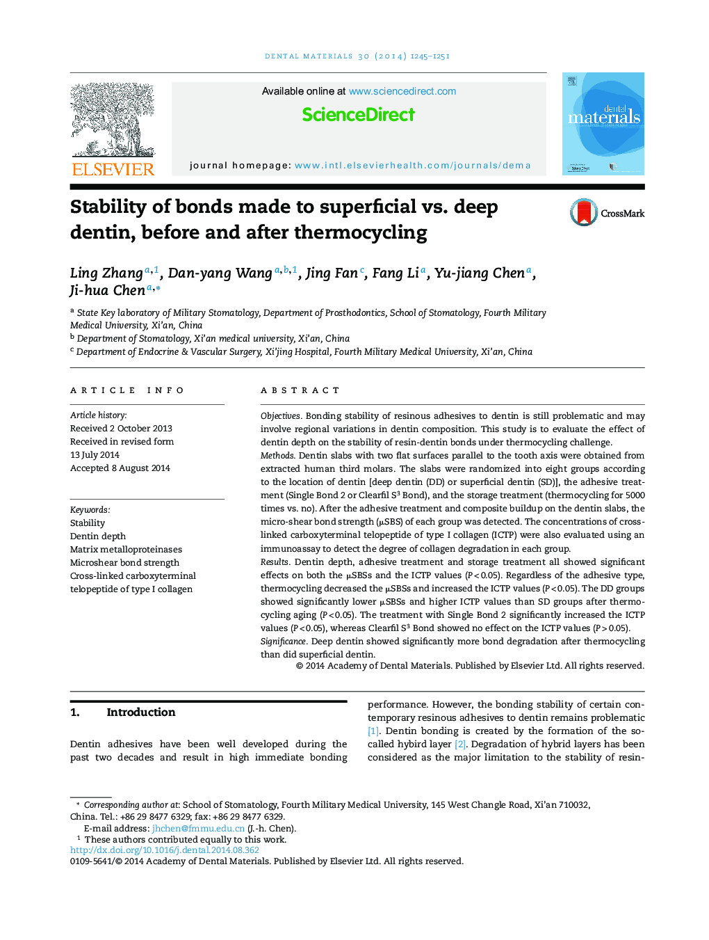 Stability of bonds made to superficial vs. deep dentin, before and after thermocycling