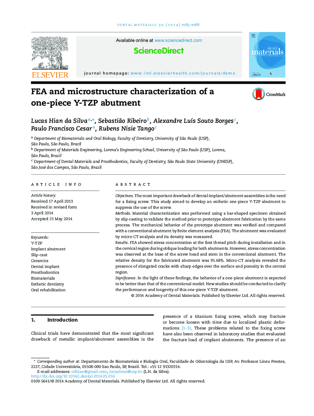 FEA and microstructure characterization of a one-piece Y-TZP abutment