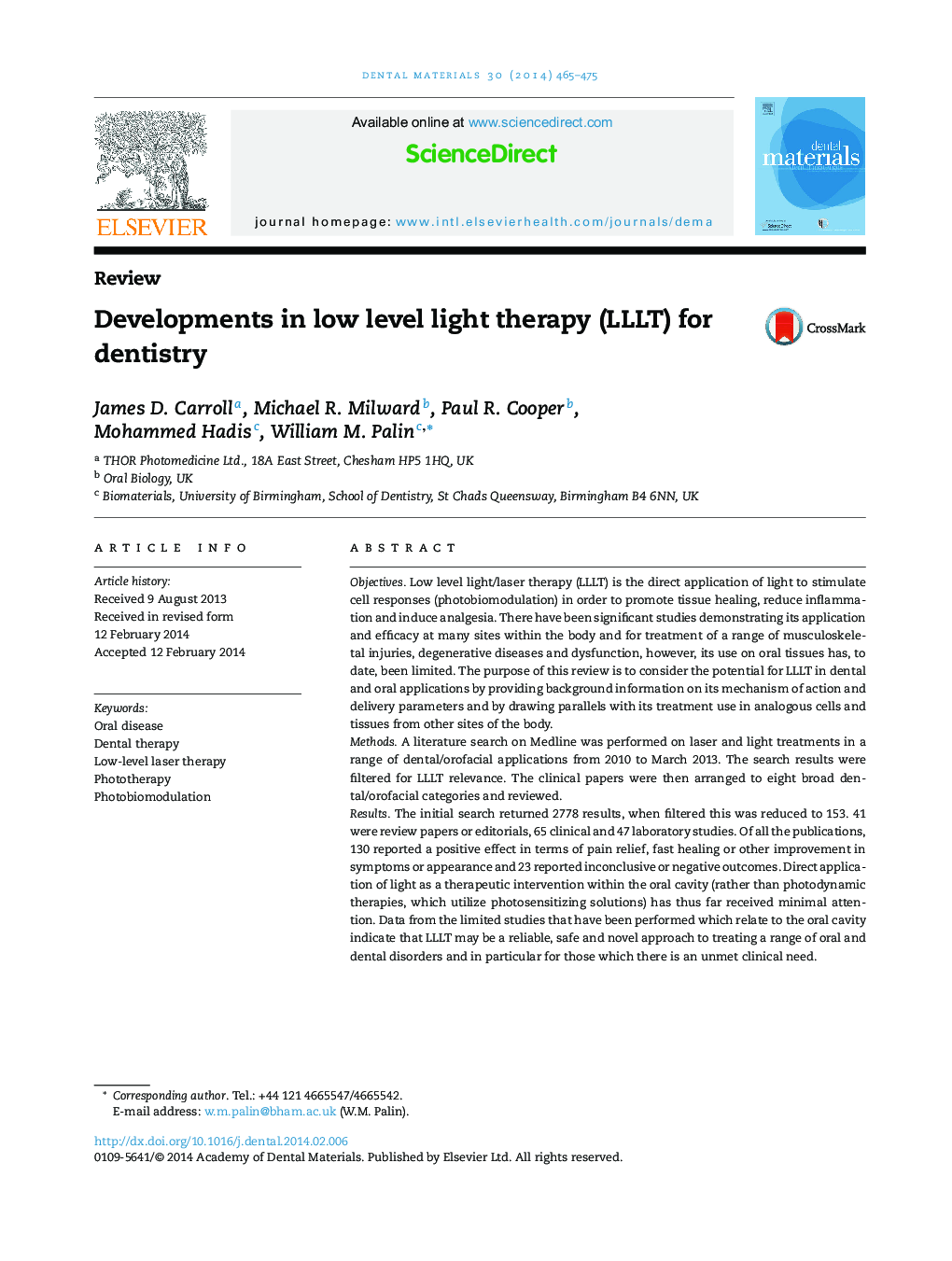 Developments in low level light therapy (LLLT) for dentistry